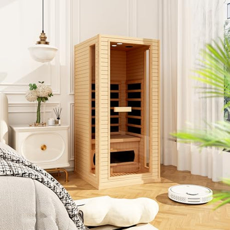 BNEHS Infrared Sauna for Home, 1 Person Full Spectrum Infrared Sauna, Indoor Dry Roomy Sauna with Rapid Heating 4 Carbon Panels&1 Carbon Tube, 7 Color Therapy Lights, 110V BNEHS