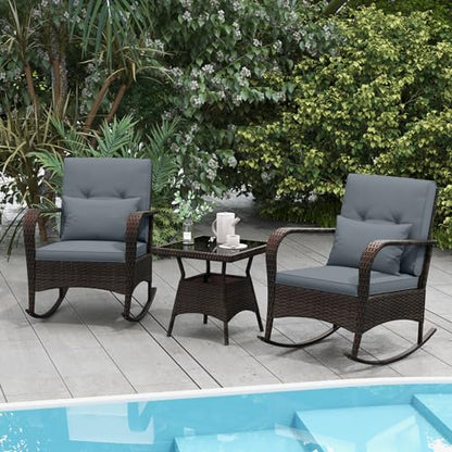 Tangkula 3 Pieces Rocking Bistro Set, Patiojoy Outdoor PE Rattan Rocker Chairs with Removable Cushions & Tempered Glass Top Coffee Table, Outdoor Wicker Furniture Set for Porch, Garden (Grey) - WoodArtSupply