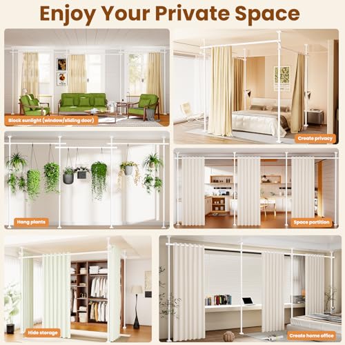 BONPALLY Room Divider Curtain Rod for Wide Space Room Separation, 28-171inch(W) 4-10ft(H) Adjustable No Drilling Tension Curtain Rods, Heavy Duty Temporary Privacy Wall Divider, White Bonpally