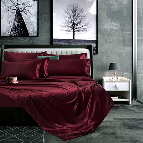 Manyshofu 7Pcs Burgundy Satin Sheets Queen Size Silky Satin Bed Sheets Set, Luxurious & Soft Bedding Set - 1 Fitted Sheet, 1 Flat Sheet, 4 Pillowcases + 1 Body Pillow case Manyshofu