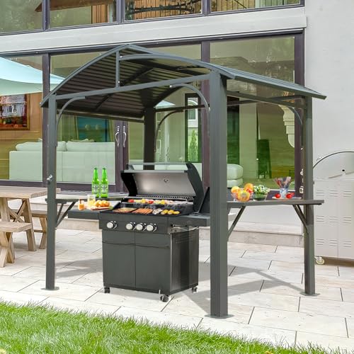 Domi Hardtop Grill Gazebo 8x5FT, Outdoor BBQ Gazebo with Galvanized Steel Double Roof, Permanent Sun Shade Grill Canopy Shelter with 2 Side Shelves and Ceiling Hook for Patio Yard Garden (Grey) domi outdoor living