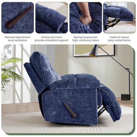 VIKAYAMICS Oversized Rocker Recliner Chair 42” Power Swivel Recliner for Living Room Overstuffed Extra Wide Rocking Recliners with Breathable Soft Fabric Up to 400lbs(Manual Blue) VIKAYAMICS