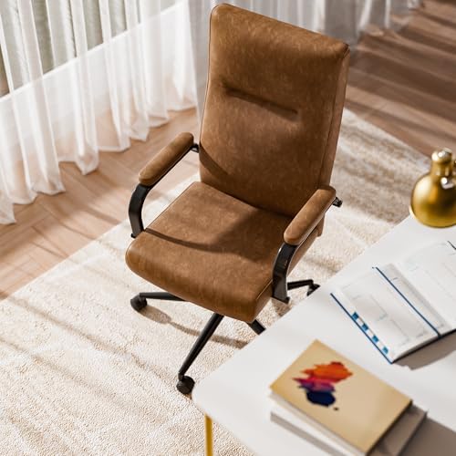 GXJ Brown Leather Office Chair with Wheels, Memory Foam Height Adjustable Computer Deak Chair, Rolling Swivel Executive Chair for Home Office GXJ