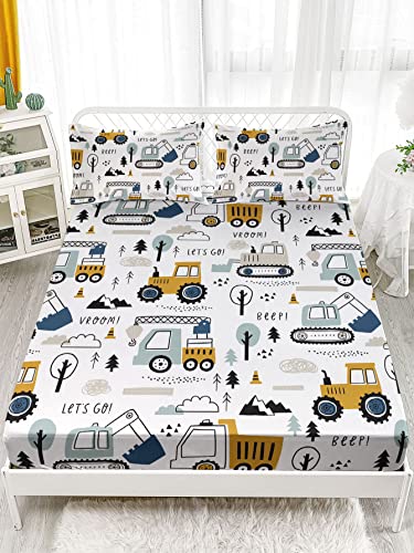 Datura home Woodland Construction Sheets Set 4Pcs for Kids,Cartoon Excavator Truck Lifter Print Sheet Set with 1 Flat Sheet and 1 Fitted Sheet + 2 Pillowcases(Woodland Construction Full) Datura home