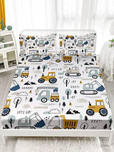 Datura home Woodland Construction Sheets Set 4Pcs for Kids,Cartoon Excavator Truck Lifter Print Sheet Set with 1 Flat Sheet and 1 Fitted Sheet + 2 Pillowcases(Woodland Construction Full) Datura home