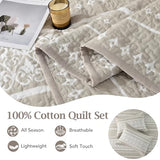Qiqiong Boho Quilt Set Queen Size - 100% Cotton Boho Striped Quilt Bedding Set - Beige and White Bohemian Quilt Set with Shams 3 Piece - All-Season Lightweight Coverlet & Bedspread Set Qiqiong