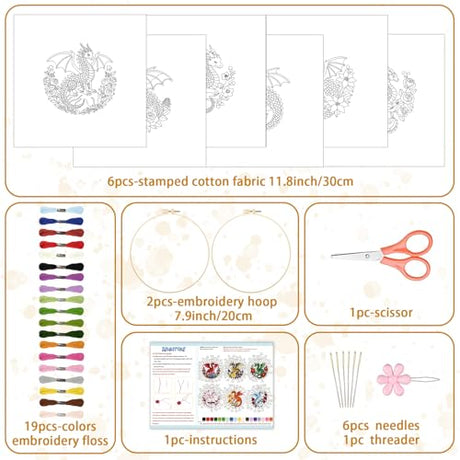 BEUNITONE 6 Sets Embroidery Kits for Beginners with Dragon and Flowers Patterns, DIY Craft Kits for Adults Include Embroidery Hoops and Instructions, Needlepoint Kits for Craft Lover and Home Decor BEUNITONE