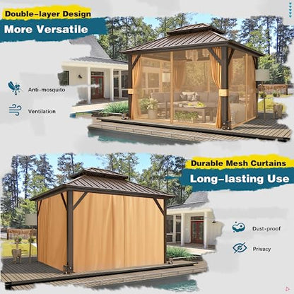 MELLCOM 10'x12' Hardtop Gazebo, Galvanized Steel Metal Double Roof Aluminum Gazebo with Curtain and Netting, Brown Permanent Pavilion Gazebo for Patio, Lawn & Garden