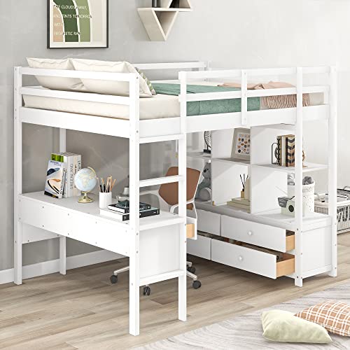 BOVZA White Full Size Loft Bed with Built-in Desk, Drawers, and Storage Shelves