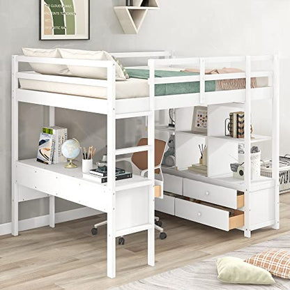 BOVZA White Full Size Loft Bed with Built-in Desk, Drawers, and Storage Shelves