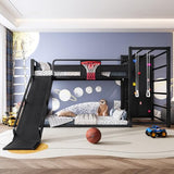 Bellemave Twin Size Bunk Bed with Basketball Hoop, Pull-up Rings and Climbing Wall, Twin Bunk Bed with Slide and Bookcase, Heavy Duty Bunk Beds with Guardrail, Black Bellemave