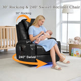AHMED Dual Motor Power Swivel Rocker Recliner Chair with Massage & Heat, Electric Glider Rocking Chairs with Cup Holders,LED Lights, USB A/USB C Ports for Living Room, Nursery, Black