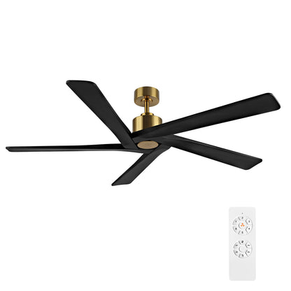 WINGBO 54 Inch DC Ceiling Fan without Lights, 5 Reversible Carved Solid Wood Blades, 6-Speed Noiseless DC Motor, Ceiling Fan No Light with Remote, Brass Finish with Black Blades, ETL Listed - WoodArtSupply