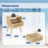 Mid-Century Modern Rattan Nightstand (2 Set), Boho Wood Accent Table with Storage Drawer - Bedside Table for Bedroom or End Table for Living Room, Natural Wood Accent Decor - Light Brown Lifetime Home