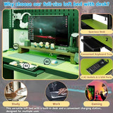 Linique Full Size Gaming Loft Bed with Desk, LED Lights and Charging Station, Wood Loft Bed Frame with Wardrobe, Open Shelves, Blackout Curtains, for Kids Teens Adults, Black+Green Linique