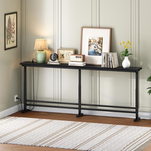 YATINEY 70.9" Console Table with Adjustable Height (27.6"-35.4") and Power Outlet, Skinny Behind Couch Table, Narrow Long Sofa Table for Living Room, Hallway, Entryway, Black CT08UBB YATINEY