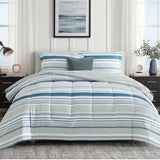 Monbix Queen Comforter Set - 7 Pieces Bed in a Bag Queen, Blue-Stripe Bedding Sets, All Seasons Comforter Bed Set with Sheets, Pillowcases & Shams Monbix