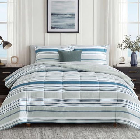 Monbix Queen Comforter Set - 7 Pieces Bed in a Bag Queen, Blue-Stripe Bedding Sets, All Seasons Comforter Bed Set with Sheets, Pillowcases & Shams Monbix