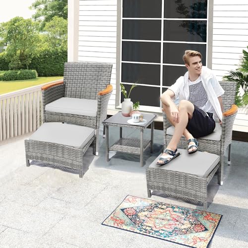 5 Piece Outdoor Patio Furniture Set with Table&Ottoman Outdoor Furniture Patio Set Bistro Wicker Patio Set of 2 Outside Lawn Chairs Conversation Sets for Porch Balcony Deck(Gray Wicker&Gray C - WoodArtSupply