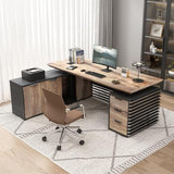 SAINTCY 70.87In L Shaped Executive Standing Desk with Drawers, Large Modern Adjustable Heigh Home Office Desk w/File Cabinet, AC/USB, Business Workstation, Black and Warm Oak SAINTCY