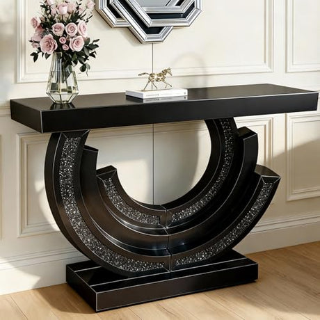 42.91" Mirrored Console Table with Crushed Diamond Inlay, Long Entryway Sofa Table with C-Shaped Base Modern Accent Narrow Tables for Living Room Hallway Foyer Entrance Black JIJIWANG
