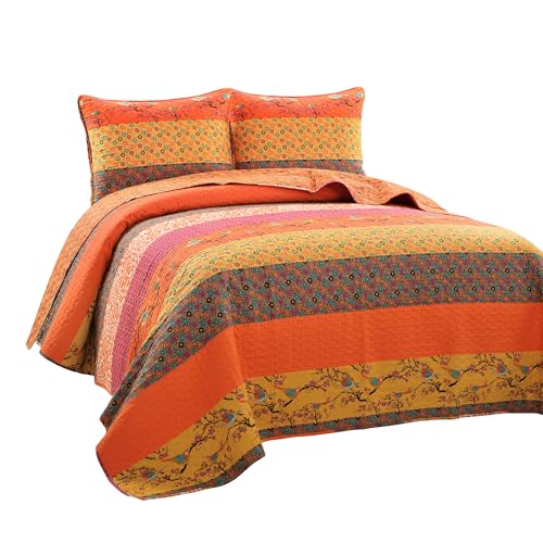 Lush Decor Royal Empire Reversible Cotton Quilt Set, 3 Piece Set Full/ Queen, Tangerine - Striped Bedding Set - Floral Quilt Queen Size - Orange Bedding - Boho Decor Lush Decor