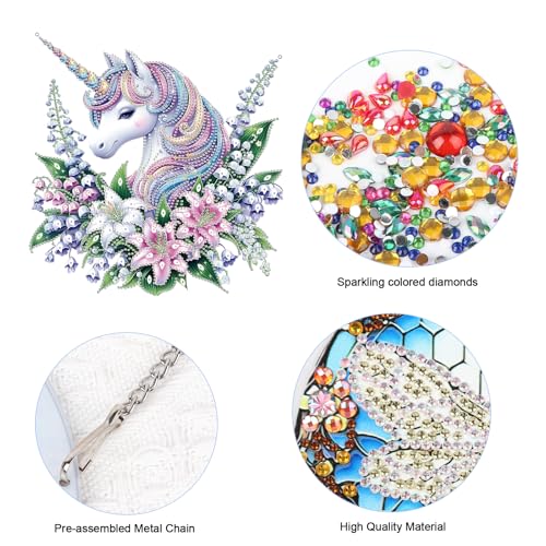 JISHSHAY Diamond Painting Hanging Unicorn Diamond Art Pendant Flower Gem Art Wind Chimes Gem Painting Hanging Pendant Mosaic Kits for Adults Windchimes Embroidery Kit Suncatchers Sun Catchers JISHSHAY