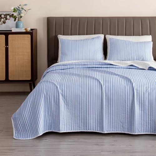 Great Bay Home 3-Piece King Reversible Lightweight Quilt Comforter with 2 Shams | All-Season, Modern, Striped Bedspreads | Blue Striped Coverlet Sets | Marcie Quilts Collection Great Bay Home