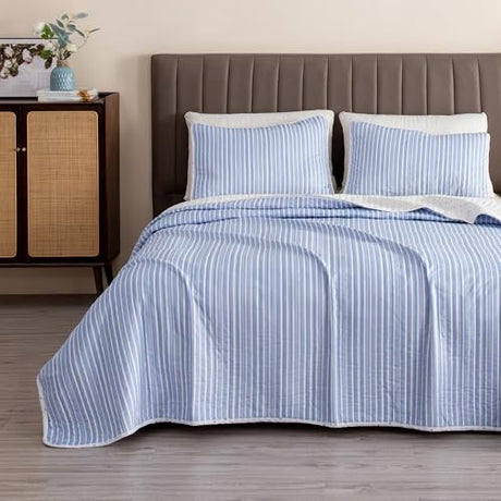 Great Bay Home 3-Piece King Reversible Lightweight Quilt Comforter with 2 Shams | All-Season, Modern, Striped Bedspreads | Blue Striped Coverlet Sets | Marcie Quilts Collection Great Bay Home