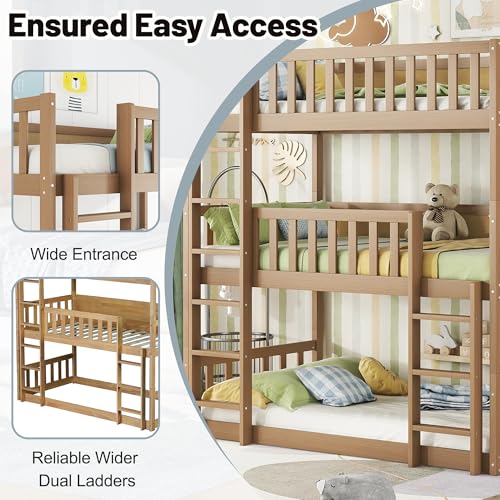 Triple Bunk Bed for Kids ,Wood 3-in-1 Twin Bunk Beds, Convertible to 3 Separate Beds, Solid Rubber Wood Construction, Safety Guardrails & Dual Ladders ,Space-Efficient Vertical Design,White Oak MoproBeti