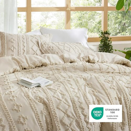 Bedsure Tufted Boho Comforter Set Full Size - Beige Boho Bed Set, GentleSoft™ 3 Pieces Farmhouse Shabby Chic Embroidery Bedding, Gifts for Woman, Soft Jacquard Full Comforter for All Seasons Bedsure