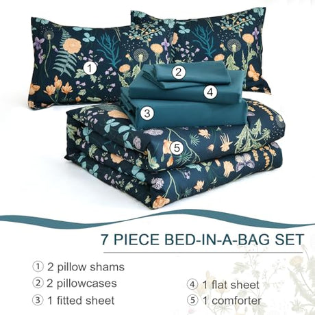 Yiran Comforter Set Queen Size, 7 Piece Peacock Blue Floral Comforters Lightweight Bedding Set Bed in a Bag Soft Microfiber Complete Botanical Beds Sets with Sheets for All Season Winter Spring Yiran