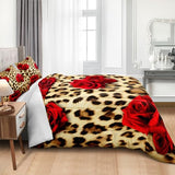 MOVE OVER Cheetah Print Comforter Set King Size Red Rose Flower Bedding Set 4 Pieces Ultra Soft Microfiber Romantic Rose and Leopard Print Comforter Sets for Women and Female MOVE OVER