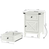 Farmhouse Nightstand with Charging Station, White Side Table, Rustic End Table with Barn Door and Drawer, Rustic Floating Nightstands Modern Bed Side Table Night Stand for Bedroom and Living Room HOSEOKA