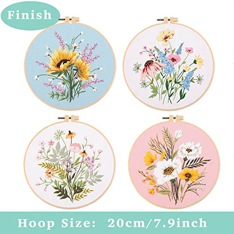 4Pcs Embroidery kits for beginners, Including Printed Embroidery Cloth with flower Patterns, 2 Plastic Embroidery Rings, 1 Pair of Scissors, Colored Threads, Needles and an Embroidery Instructions REEWISLY