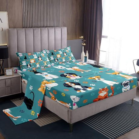 Cute Dog and Cat Sheet Set King Size Colorful Puppy Paw Print Bedding Set 4Pcs for Kids Girls Boys Bedroom Decor Cartoon Pet Animals Bed Sheet Dark Green Kawaii Fitted + Flat Sheet,2 Pillowcase Castle Fairy