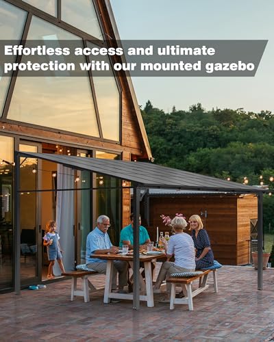 GarveeLife 12' x 14' Lean to Gazebo, Hardtop Wall Pergola with Polycarbonate Roof, Aluminum Frame Mounted Gazebo for Lawn Patio Deck Yard and Party Garveelife