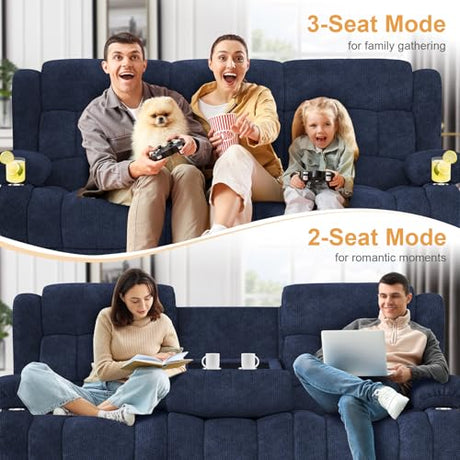Dresegmt Loveseat Recliner Sofa, Flip Middle Backrest Design 3 Seat Reclining Sofa with Storage Drawer, USB Ports & Cup Holders, Manual Couch for Living Room/RV (Blue) Dresegmt