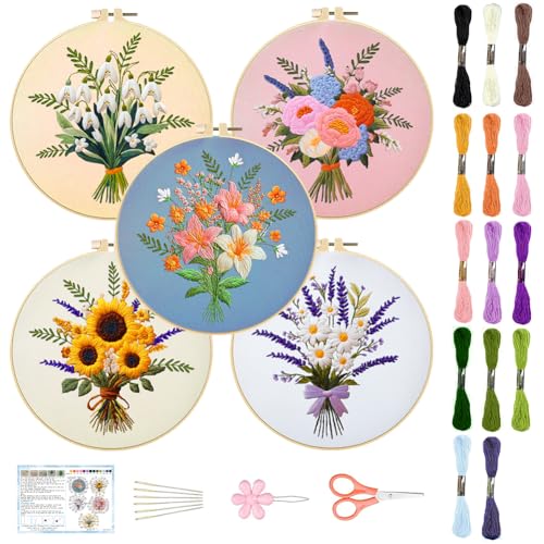 ACRNIGHEET 5PCS Embroidery Kit for Beginners Embroidery Flower Sewing Pre Printed Pattern Embroidery Starter Kit with Instructions, Including 5 Stamped Embroidery Cloth and Various Accessories
