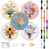 ACRNIGHEET 5PCS Embroidery Kit for Beginners Embroidery Flower Sewing Pre Printed Pattern Embroidery Starter Kit with Instructions, Including 5 Stamped Embroidery Cloth and Various Accessories