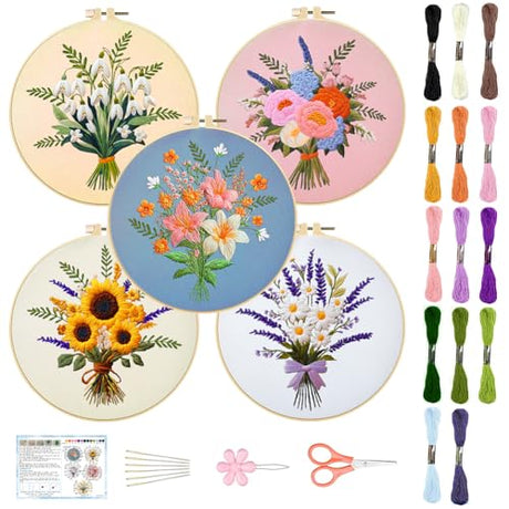 ACRNIGHEET 5PCS Embroidery Kit for Beginners Embroidery Flower Sewing Pre Printed Pattern Embroidery Starter Kit with Instructions, Including 5 Stamped Embroidery Cloth and Various Accessories ACRNIGHEET