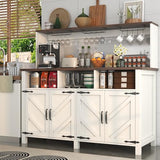 Buffet Sideboard with Storage Hutch with Power Outlets 4 Doors, Large Farmhouse Kitchen Storage Cabinet Wood Coffee Bar Cabinet with Goblet Holder and Cup Hooks for Kitchen, Dining Room, Entryway knoworld