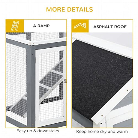 PawHut 48" Wooden Rabbit Hutch Bunny Cage with Waterproof Asphalt Roof, Fun Outdoor Run, Removable Tray and Ramp, Grey PawHut