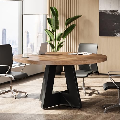 Tribesigns 47-Inch Round Conference Table for 4-6 People, Wooden Meeting Room Table with Thicken Tabletop and Wood Base (Brown+Black) Tribesigns