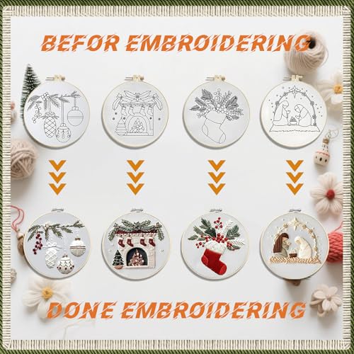 WKALXJ 4 Sets Embroidery Kits for Beginners Adults, Cross Stitch Kits, Needlepoint Kits with Instruction, Video, Needle Point Kits with Holly Fireplace Stocking Nativity Patterns (Christmas A)