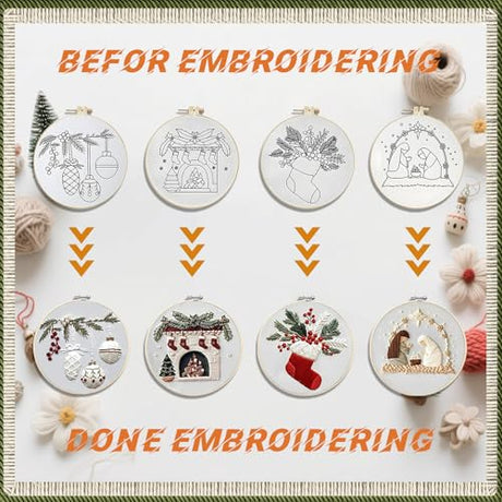 WKALXJ 4 Sets Embroidery Kits for Beginners Adults, Cross Stitch Kits, Needlepoint Kits with Instruction, Video, Needle Point Kits with Holly Fireplace Stocking Nativity Patterns (Christmas A) WKALXJ