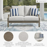 Signature Design by Ashley Rainier Ranch Casual Weather Resistant Outdoor Loveseat with Cushion and 2 Accent Pillows, Light Brown & Light Gray Signature Design by Ashley