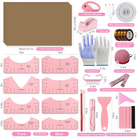 XEUZK Sublimation Shirts Tool Pink Kit With 8T Shirt rulers, 3Pack Teflon Sheet for Heat Press 12 x 16in, Heat Resistant Gloves & Silicone Bumps, 4Rolls Heat Resistant Tape& Tape Dispenser Sublimation XEUZK
