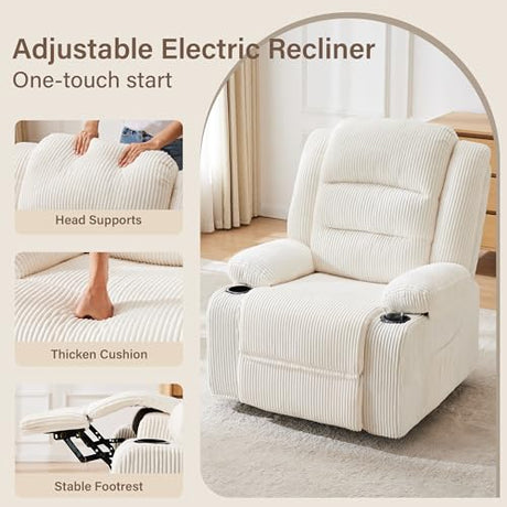 Hicosit Power Pushback Recliner with Cup Holders, Electric Recliner Chair for Adults, Reclining Chair with Side Pocket for Living Room (1, Stripe White) Hicosit