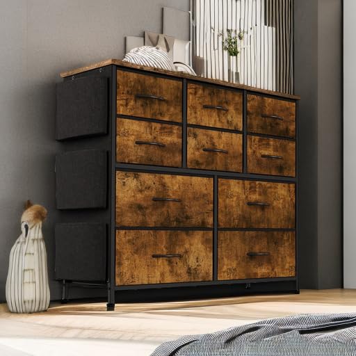 Dresser for Bedroom, 10 Drawers Fabric Storage Drawer, Dressers & Chest of Drawers with Side Pockets, Hooks, Wood Tabletop for Closet, Living Room, Hallway (Rustic Brown) Jojoka